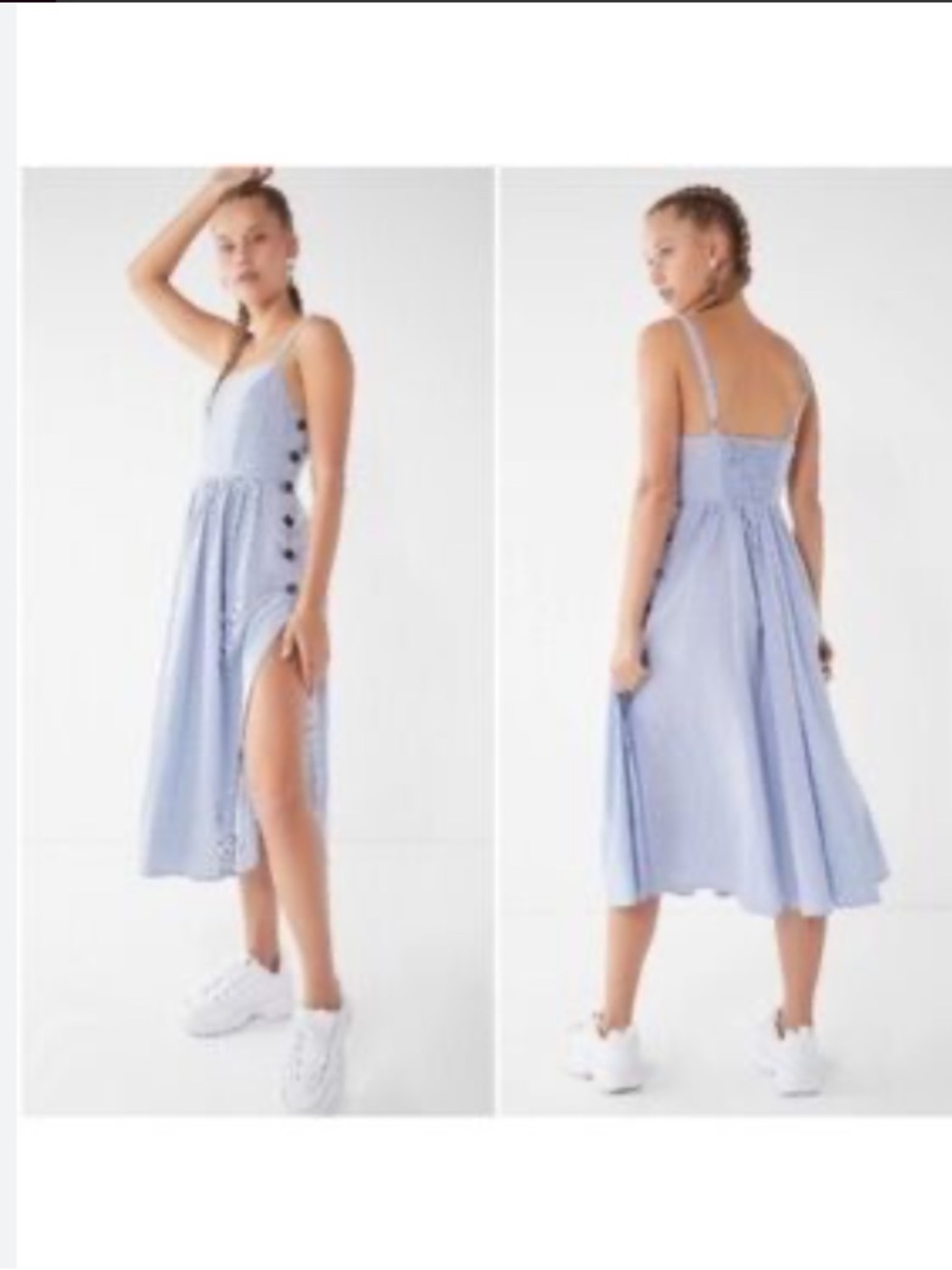 Urban Outfitters midi dress in blue striped pattern w/ a button-down side slit